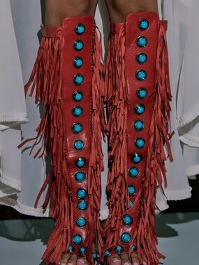 Azelea Wang- Akira Red Fringe Knee-High Heels with Turquoise Button Accents